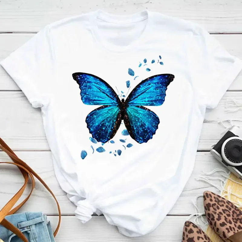 New Fashion Women T-shirt Colorful Butterfly Petal Print Short Sleeve and Round Neck Cute Graphic Tee Shirts Female Tops Clothin