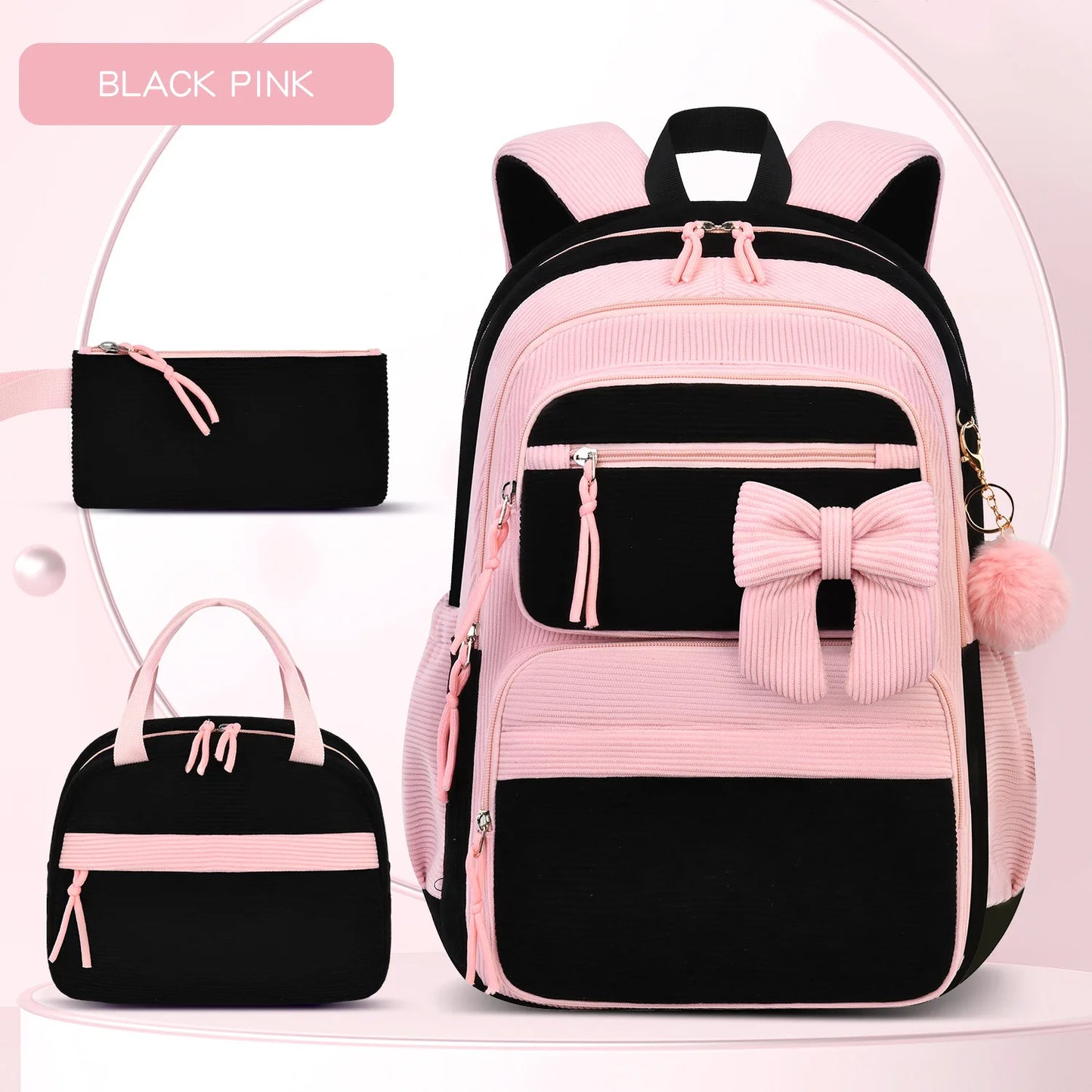 2026 High Quality Corduroy Three Piece Backpack with Cherry Pattern Princess Large Capacity Lightweight School Bag mochilas