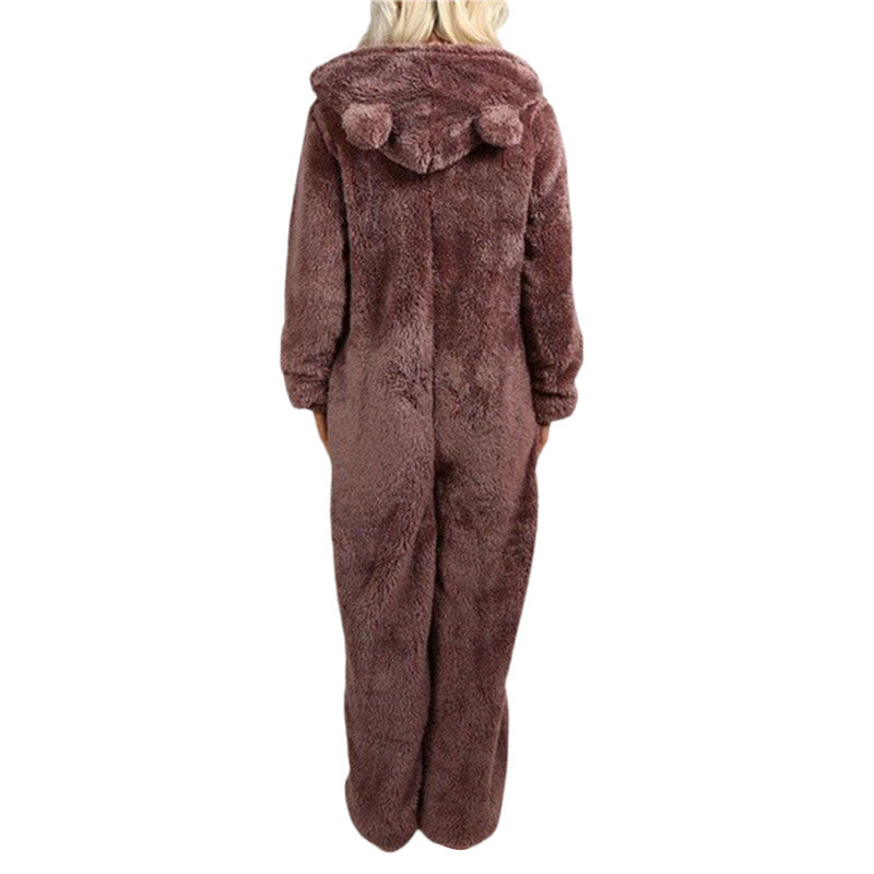 Women Winter Warm Plush Romper Pajamas Solid Color Long-Sleeve Zipper High Neck Hooded Homewear S/M/L/XL/2XL