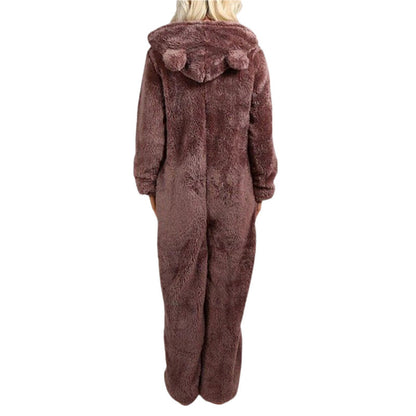 Women Winter Warm Plush Romper Pajamas Solid Color Long-Sleeve Zipper High Neck Hooded Homewear S/M/L/XL/2XL