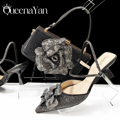 2026 Large Flower Design Shoes & Bag Nigerian Coffee Color Women's Stiletto Shoes For Special Good Time INS Style