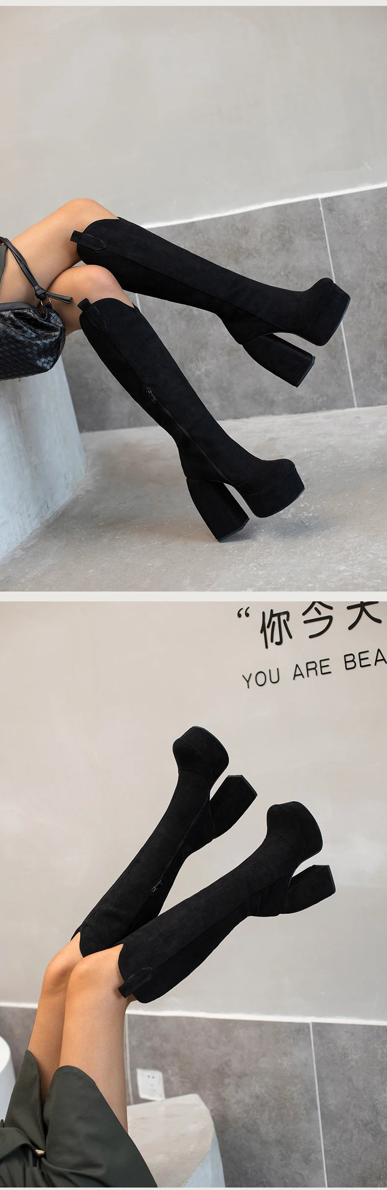 Super Waterproof Platform Strange Chunky Heel Graffiti Women's Boots Plush Inner Zipper Flock Material Knee Boots Plus Size