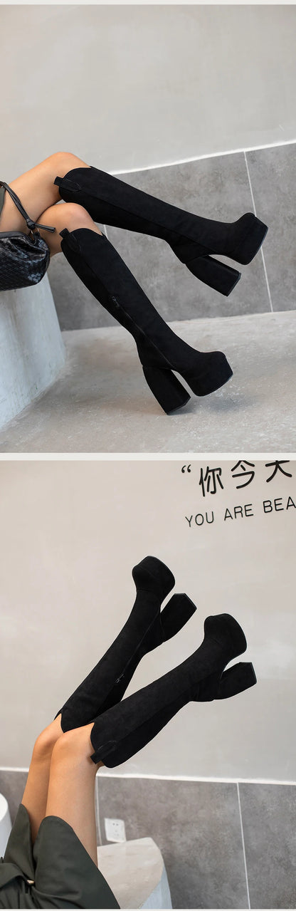 Super Waterproof Platform Strange Chunky Heel Graffiti Women's Boots Plush Inner Zipper Flock Material Knee Boots Plus Size