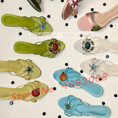 Rhinestone Shell Crab Decal Heeled Mules Women Elegant Beach Shallow High Heels Shoes Luxury Bling Cross Strap Fashion Slippers