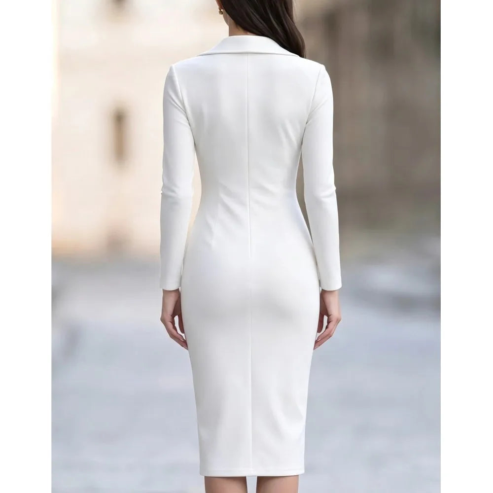 Elegant Women's Notched Lapel Bodycon Dresses Long Sleeve Gold Edge Zipper Front Split Midi Pencil Dress Formal Work OfficeSkirt