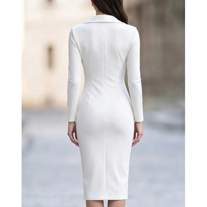 Elegant Women's Notched Lapel Bodycon Dresses Long Sleeve Gold Edge Zipper Front Split Midi Pencil Dress Formal Work OfficeSkirt