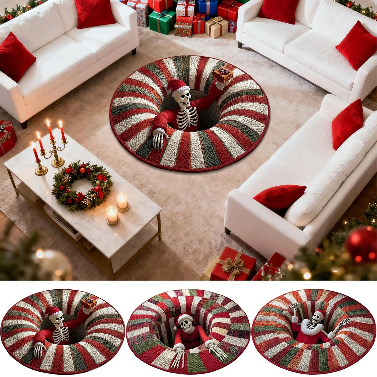 3D Rugs Optical Illusion Christmas Home Decor Skeleton Round Quilted Holiday Bathroom Carpet For Kitchen Entryway Entrance