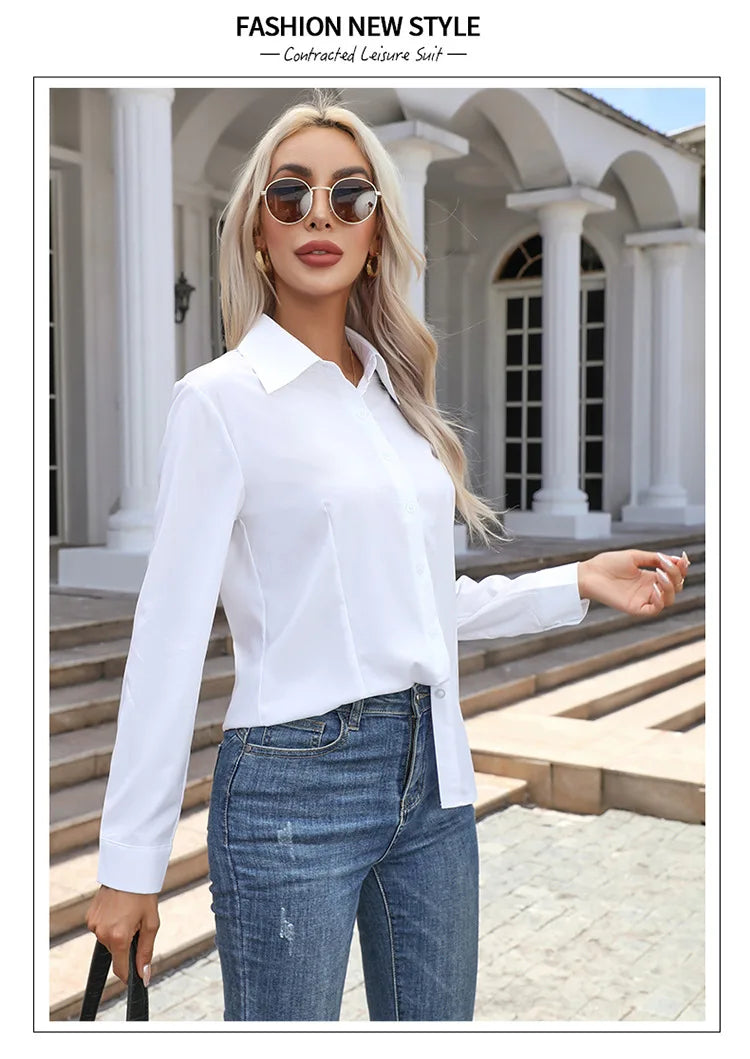 Women Elegant Solid Button Shirt Chiffon Blouse Spring Summer Casual Solid Long Sleeve Turn Down Collar Tunics OL Shirt Tops