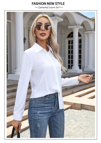 Women Elegant Solid Button Shirt Chiffon Blouse Spring Summer Casual Solid Long Sleeve Turn Down Collar Tunics OL Shirt Tops