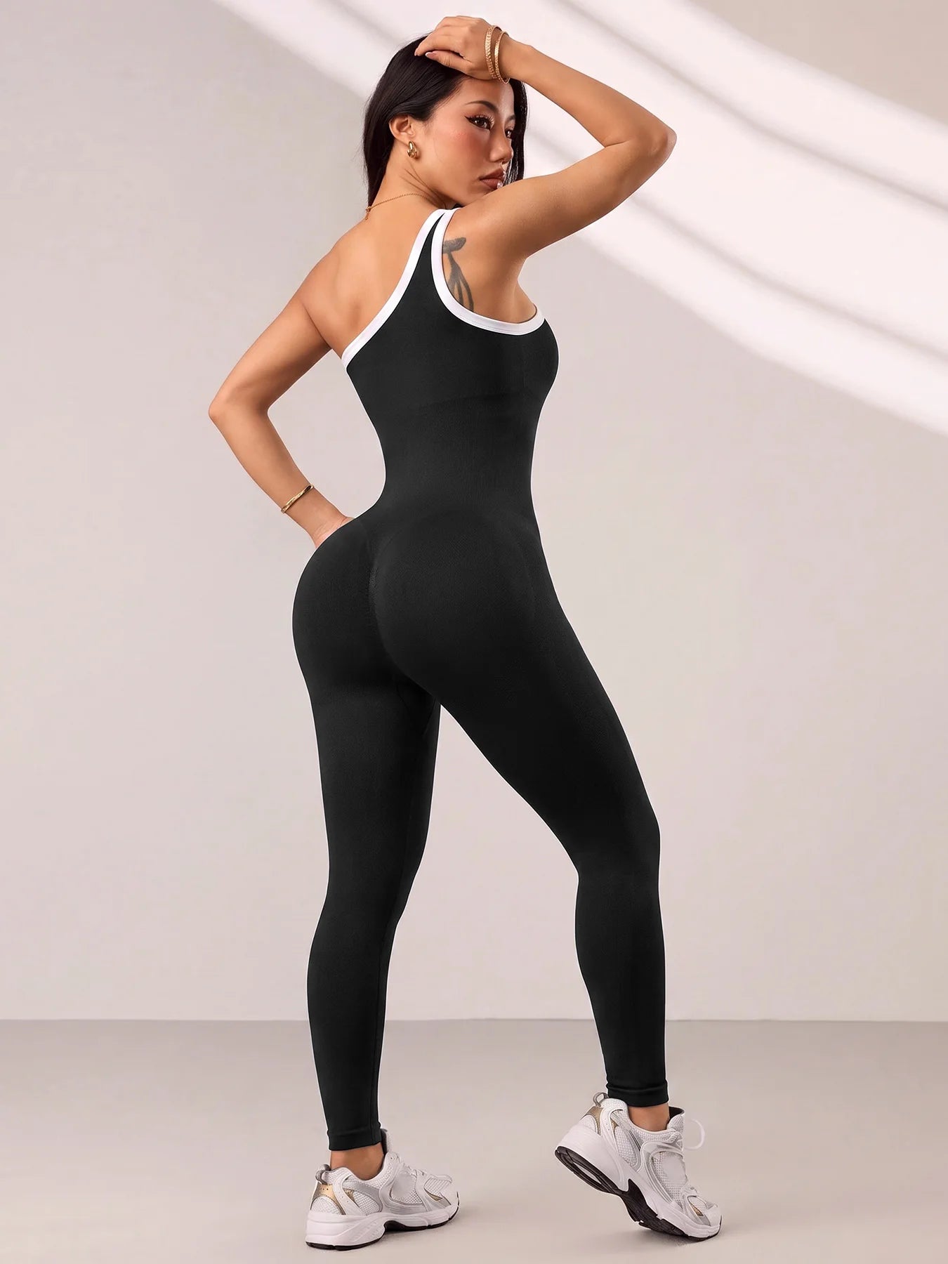 Sculpted One-Piece Yoga Suit Single Shoulder White Edge Color Block Fitness Clothing for Women
