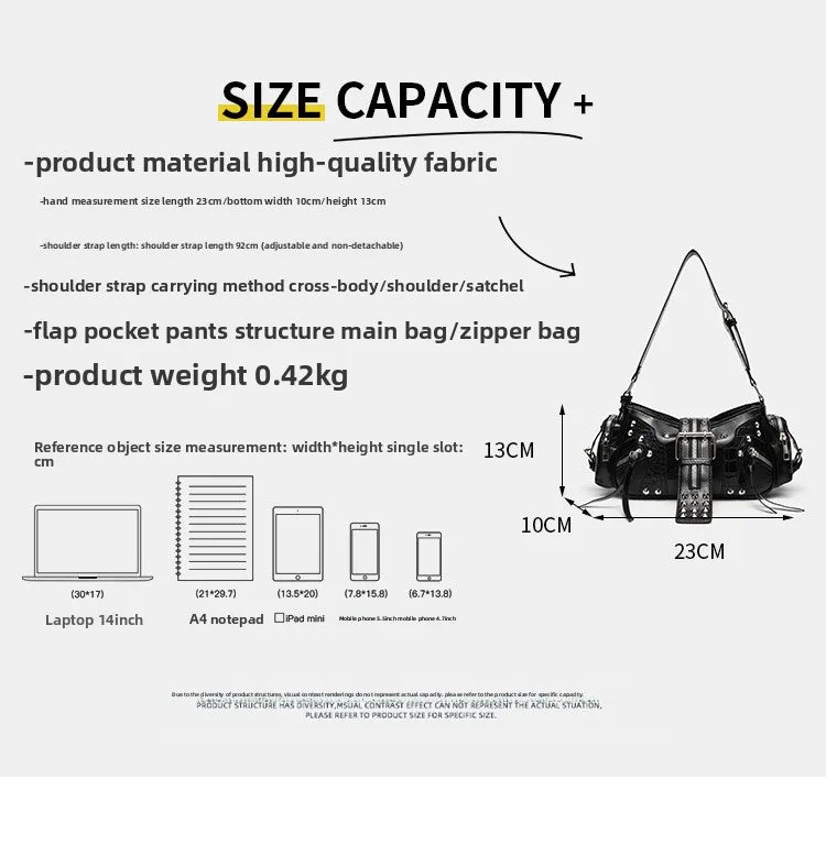 Women's Y2k Punk Vintage Shoulder Purse PU Leather Gothic Rivet Handbag Waist Bag Luxury Black Cross Body Bags with Spikes