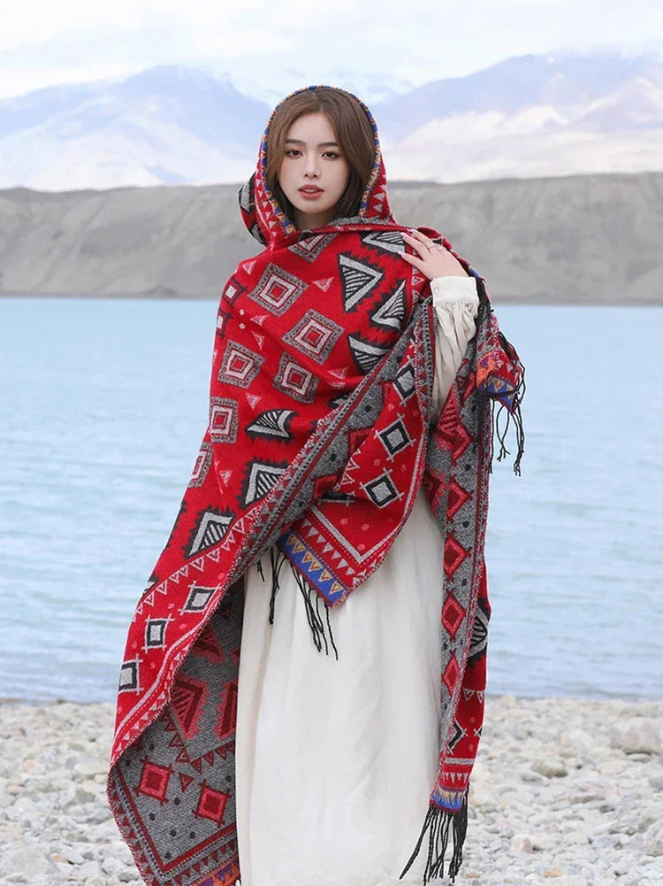 GypsyLady Bohemian Vintage Chic Cloaks Capes Hooded Blue Women Autumn Warm Knitted Ethnic Capes Tassels Cloak Poncho Outwear New
