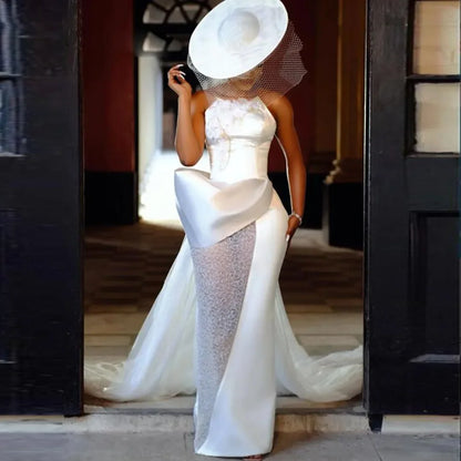 Modern Fashion Sheath Wedding Dresses Spaghetti Straps Bridal Gown See Through Skirt Straight with Detachable Train Customized