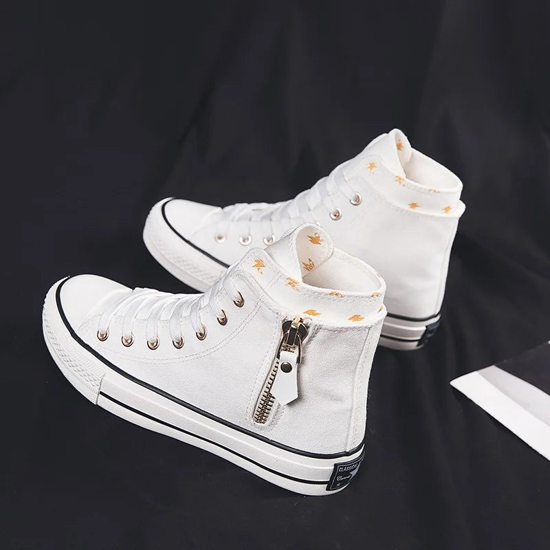 High-top Canvas Shoes for Women Fashion Casual Mid-Top Flat Women's Sneakers Designer Side Zipper Woman's Shoes Zapatos De Mujer