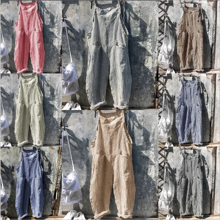 Women's Stripe Jumpsuits Cargo Pants Wide Leg Pants Trousers Multicolor Ethnic Bib Sleeveless Casual Loose Jumpsuit With Pockets