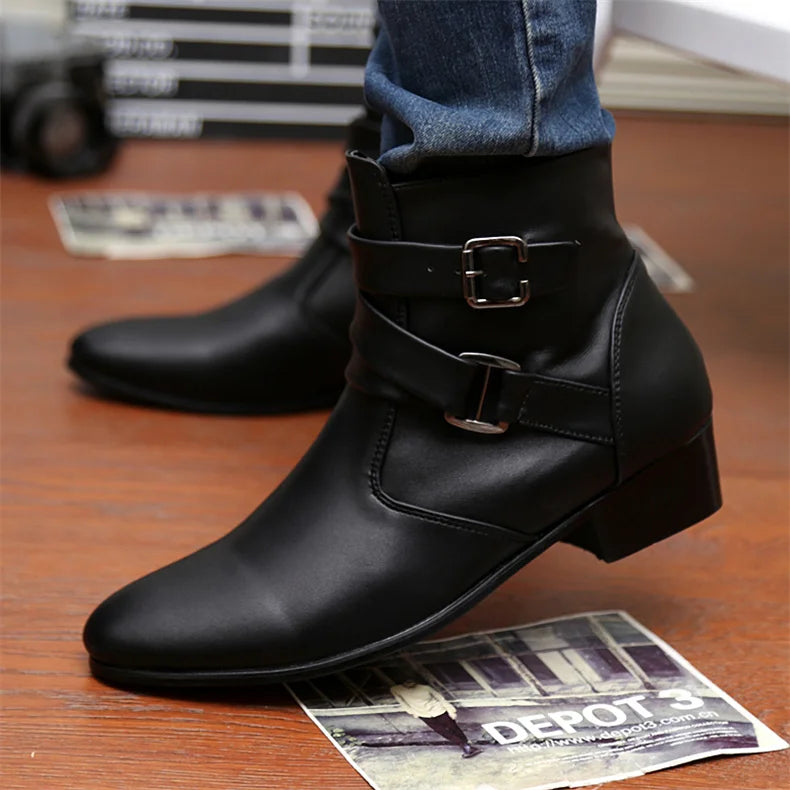 Leather Chelsea Boots Men Designer 2024 White Dress Boots Men Casual High top Buckle Strap Formal Shoes Men Motorcycle Boots