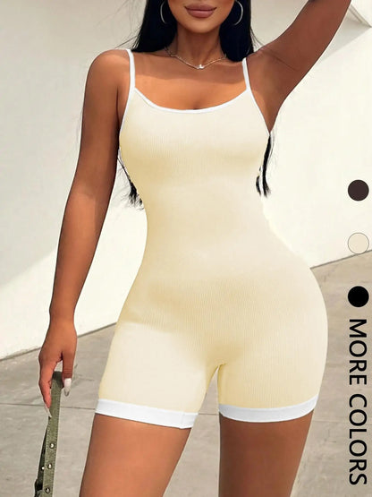 Seamless Color Block Sexy One-Piece Jumpsuit Slim Fit Strap Vest Bodysuit for Trendy Women