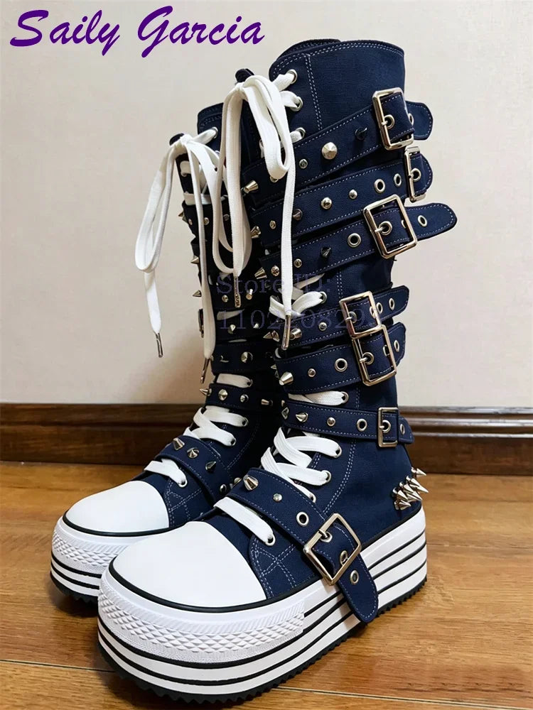 Festival Rave Orange Platform Boots Punk Rivet Buckle Straps Knee High Boots 2026 Fashion Thick Sole Women Shoes Party Footwear