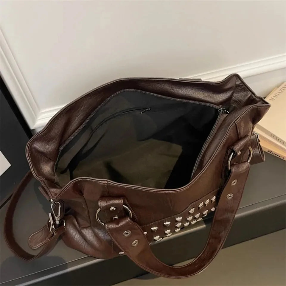 Rivet Punk Large Capacity Handbags Top Quality Sturdy Soft Leather Casual Tote Bag Shoulder Crossbody Bags Daily Commute Travel