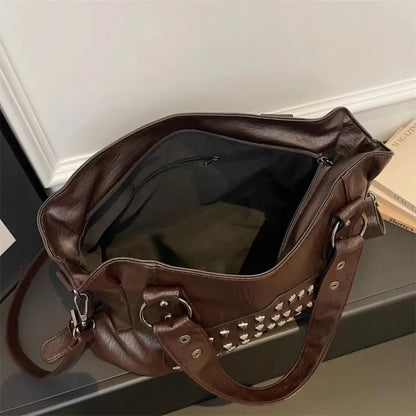 Rivet Punk Large Capacity Handbags Top Quality Sturdy Soft Leather Casual Tote Bag Shoulder Crossbody Bags Daily Commute Travel