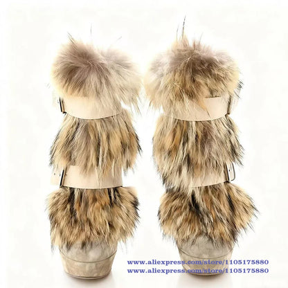Brown Faux Fur Ankle Boots Belt Buckle Stiletto Heels Platform Zipper Women Shoes Novelty Designer Boots Party Botas Mujer