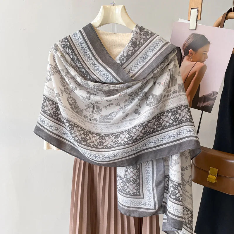 Sun Protection Silk Scarf Women's Retro Ethnic Style Cotton Linen Beach Holiday Wrap Shawl Outerwear Geometric Print Korean S...