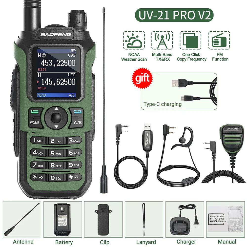 Baofeng UV-21 PRO Walkie Talkie V2 Long Range Multi-band Portable Ham Two Way Radio Wireless Copy Frequency Type-C For Hunting