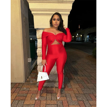 Sexy Off the Shoulder Birthday Jumpsuit for Women Night Club Outfit Party Hollow Out Ruched Skinny Long Sleeve Rompers Full Body