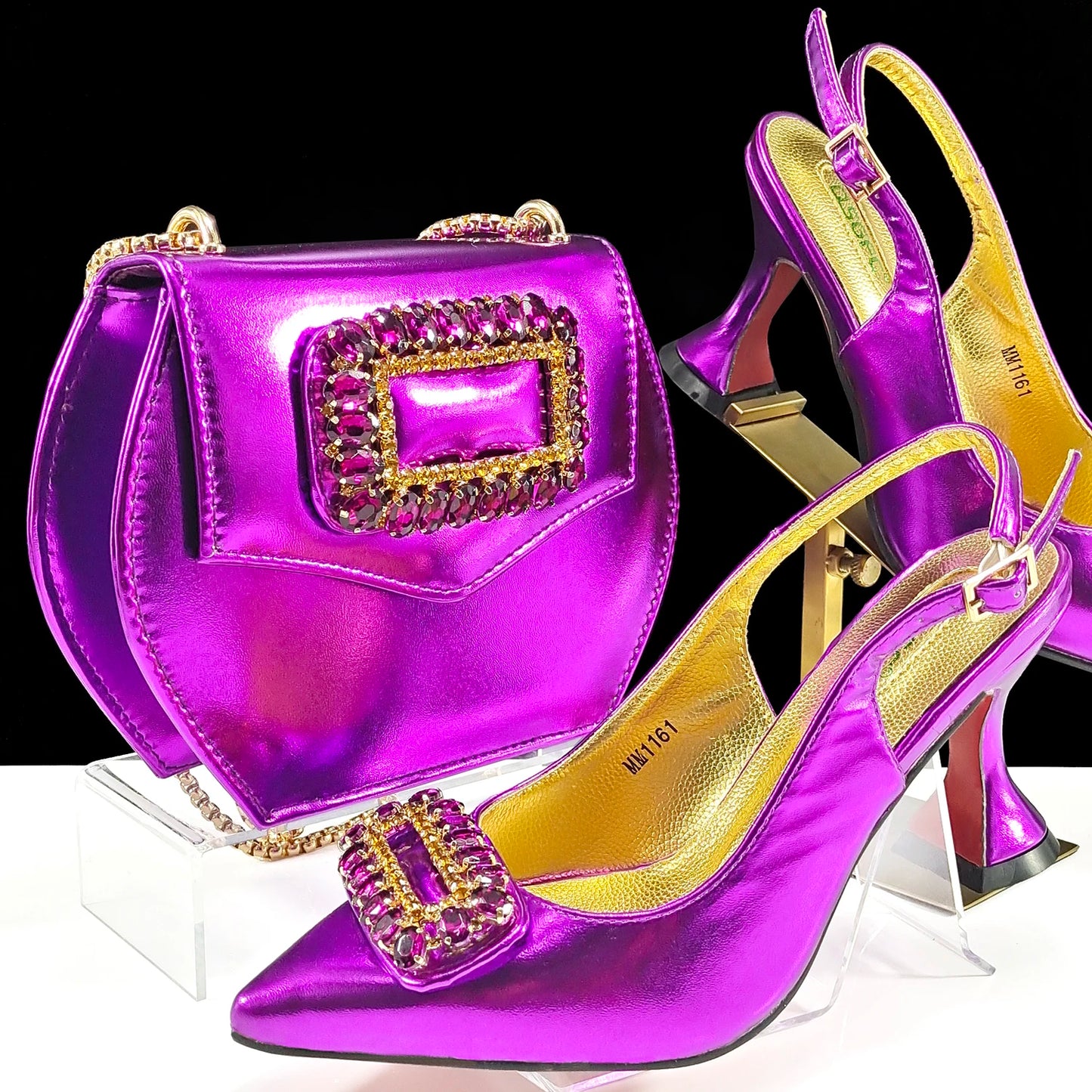 New Arrival Mature Style Purple Color Party Wedding Pointed Toe High Heel Women Shoes and Bag Set Decorated With Rhinestoe