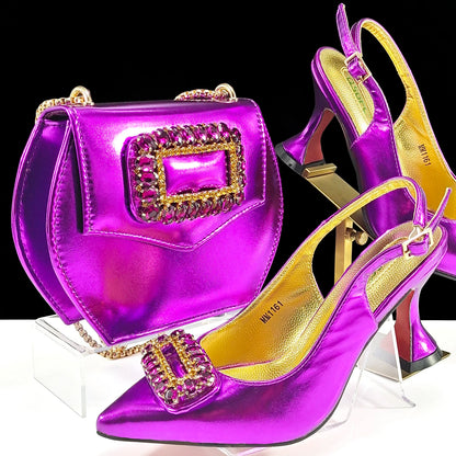 New Arrival Mature Style Purple Color Party Wedding Pointed Toe High Heel Women Shoes and Bag Set Decorated With Rhinestoe