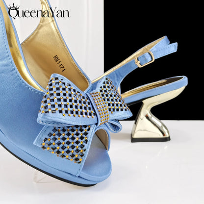 Queena Yan Sky Blue Color Peep Toe High Women Heels Shoes and Bags for Women Rhinestone Evening Party Elegant Luxury Handbag