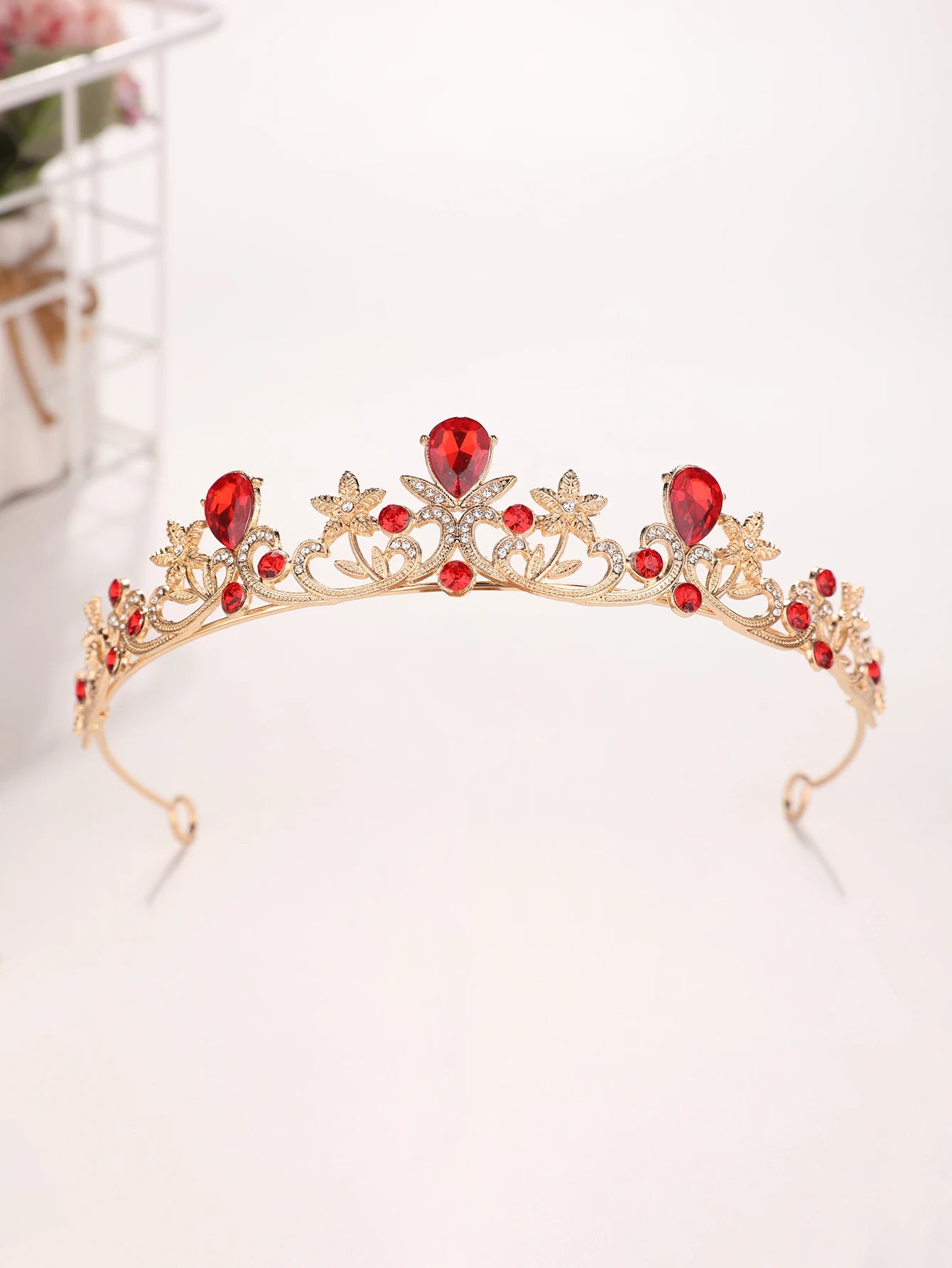 Golden Rose Gold Red Diamond Crown for Bridesmaid Headpiece Light Luxury Style Red Crystal Hairband. Wedding Dress, Formal Wear