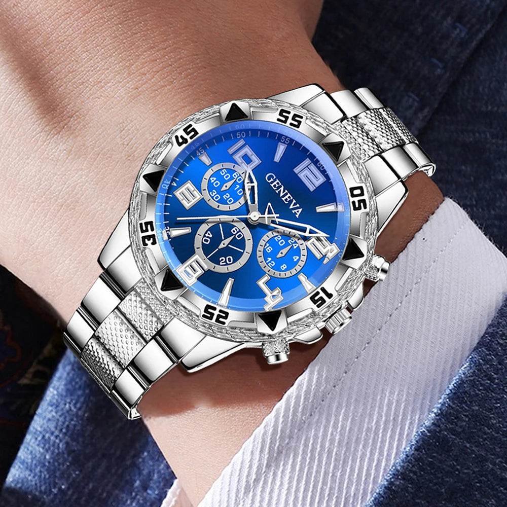 Geneva Three Eyes Blue Plate Men's Steel Belt Watch Blue and White Full Diamond Cuban Bracelet Two Piece Set,