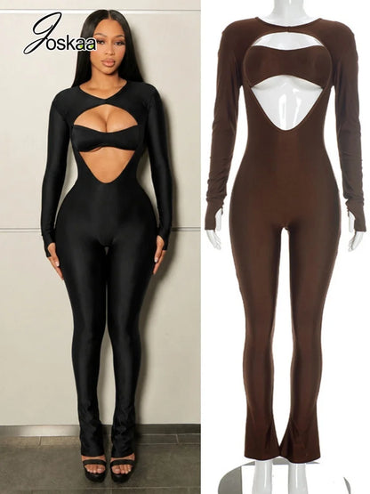 Joskaa Women Cutout Long Sleeve Jumpsuit with Tube Tops Sexy O-neck Back Zipper Thumb Hole Design Bodycon Rompers Party Clubwear