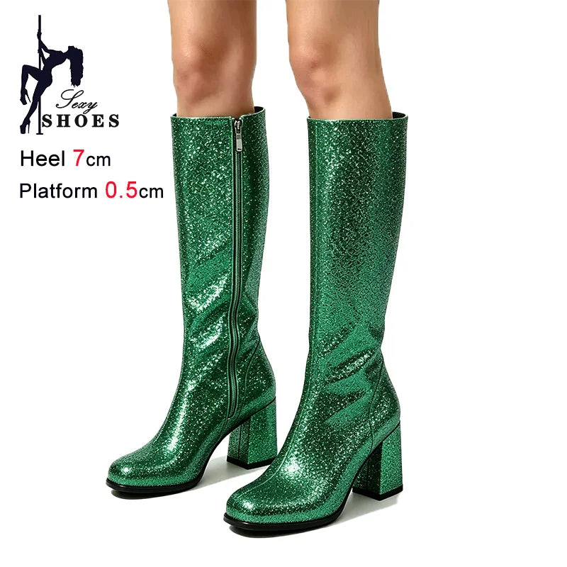 7CM Block Heel Pink Glitter Knee High Boots Women Square Toe Side Zipper Fashion Long Shoes Party Nightclub Long Pipe Booties
