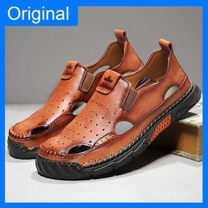 Mens Sandals New Comfortable Slip-on Casual Footwear Plus Size Elastic Soft Sole Lightweight Handmade Leather Walking Sandals