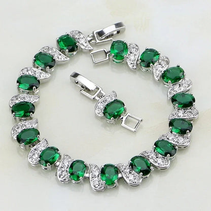 Natural Green Emerald White Topaz Silver Charm Bracelet Women Jewelry Fashion Accessories Gift For Her
