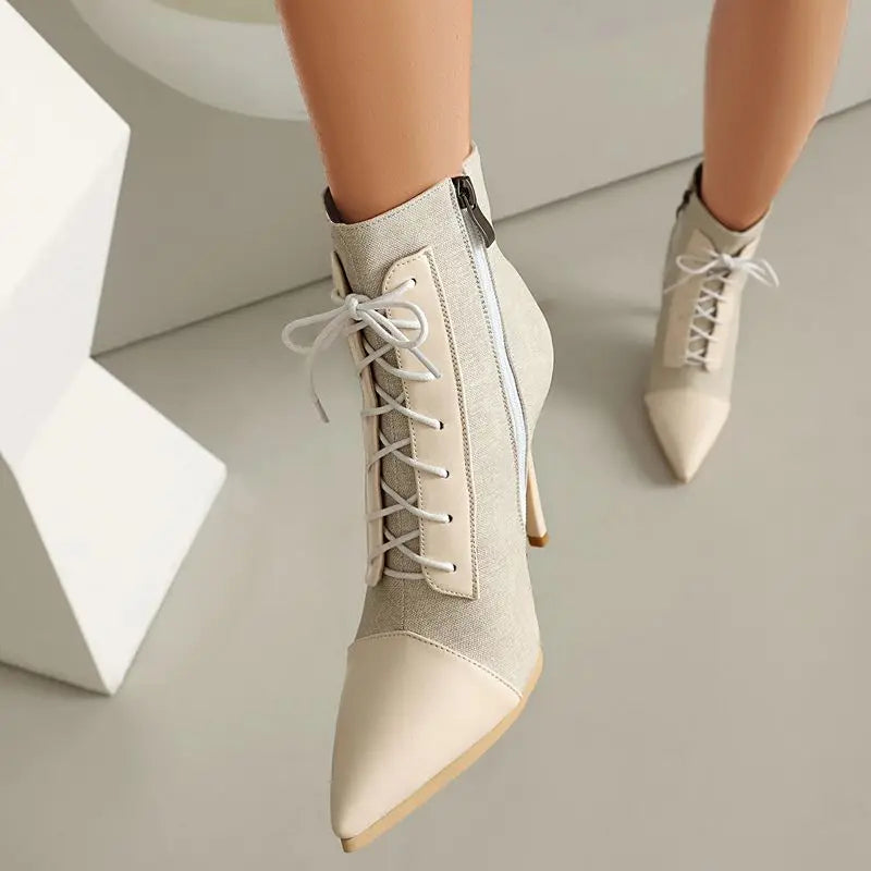 ANOVISHANA Elegant Fmeale Ankle Boots Pointed Toe 11cm Thin High Heels Zipper Lace Up Mixed Color Large Size 40 41 Short Autumn