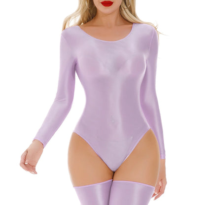 Women's Swimsuit One Piece Swimwear Oil Glossy Stretchy Gym Fitness Long Sleeve Round Neck Tights Leotard Bodysuit Clubwear
