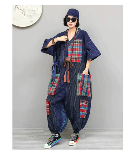 Women Plaid Jumpsuit Loose Wide Legs Short Sleeves Diagonal Buttons Straps Jumpsuit LX6229