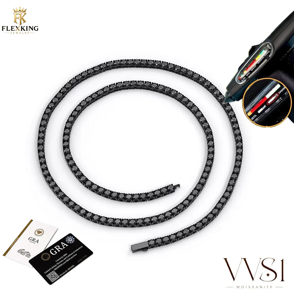 FLEXKING 3/4/5MM Black VVS1 Moissanite Tennis Chain Stainless Steel Men Necklace Bracelet Hip Hop Iced Out Jewelry