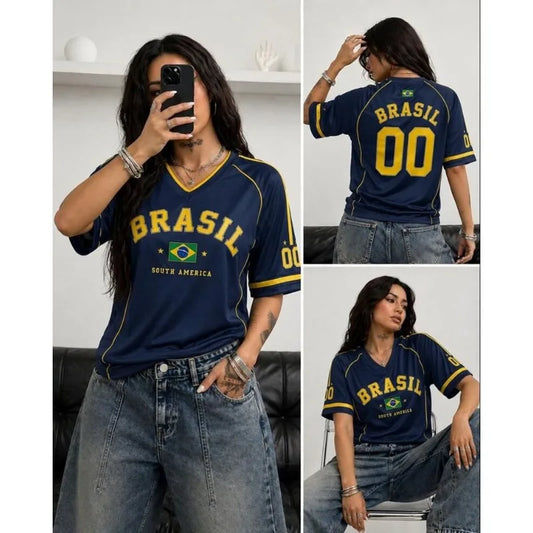 Women Brasil 00 Soccer Jersey Retro V-Neck Short Sleeve Breathable Mesh Loose Fit Y2K Streetwear Casual Football Shirt