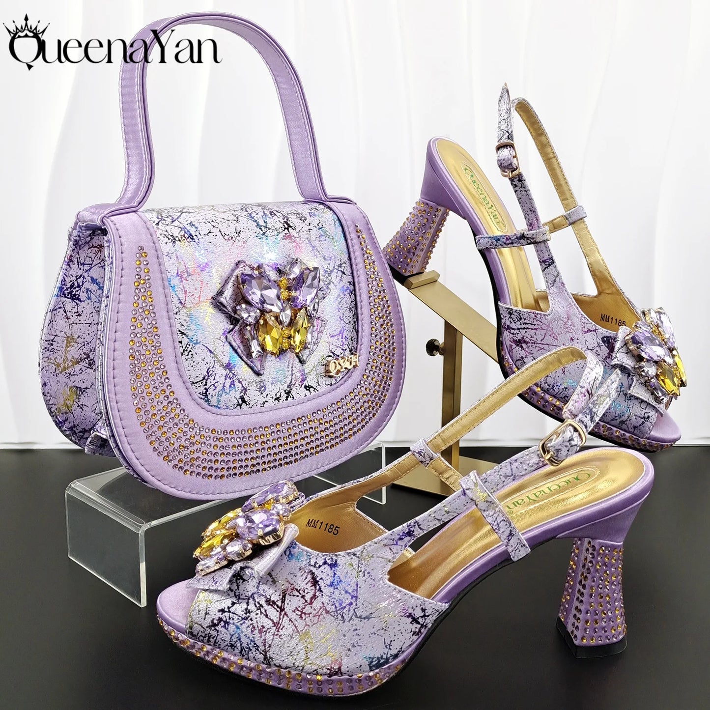 Print Design Mature Style Fuchsia Color Essential for Banquets, Exquisite HandBag with Sexy High-Heeled Peep Toe Lady Shoes