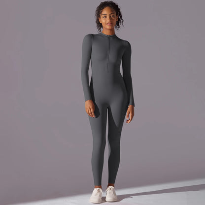 Solid Sports Jumpsuit Fashion Zipper Long Sleeve Fitness Overalls Women Sportswear Quick-dry Gym Yoga Jumpsuit