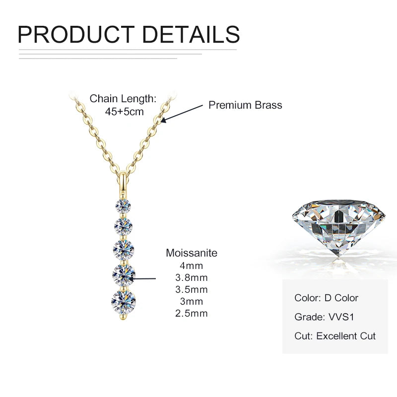 Rrjzz D Color Round Moissanite Pendant Necklace for Women 14K Gold Filled 5-Stone Lab Imitation Diamond Necklace GRA Certified