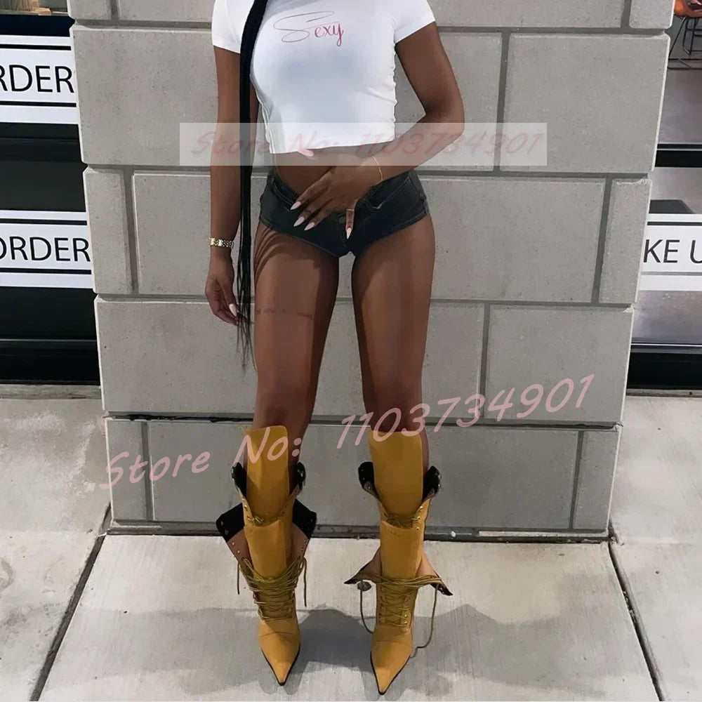 Yellow Lace-Up Knee High Stiletto Boots Women Multi-Strap Pointed Toe Fold Over High Heels Boots Female Party Street Style
