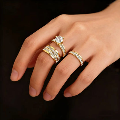3PCS Set Gold Plated Zirconia (CZ)  Wedding Engagement Band Stainless Steel Ring For Women Classic Jewelry Accessories Gift