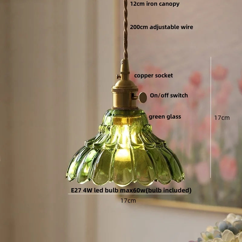 IWHD Home Decor LED Pendant Lights Kitchen Restaurant Copper Socket Flower Green Glass  Nordic Modern Walnut Wood Hanging Lamp