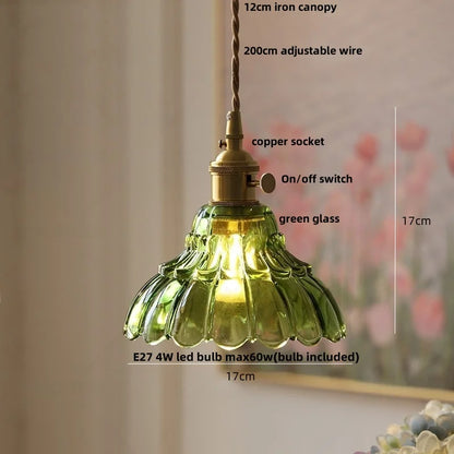 IWHD Home Decor LED Pendant Lights Kitchen Restaurant Copper Socket Flower Green Glass  Nordic Modern Walnut Wood Hanging Lamp