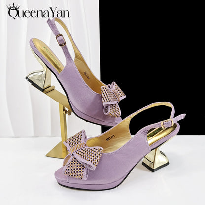 Queena Yan Sky Blue Color Peep Toe High Women Heels Shoes and Bags for Women Rhinestone Evening Party Elegant Luxury Handbag